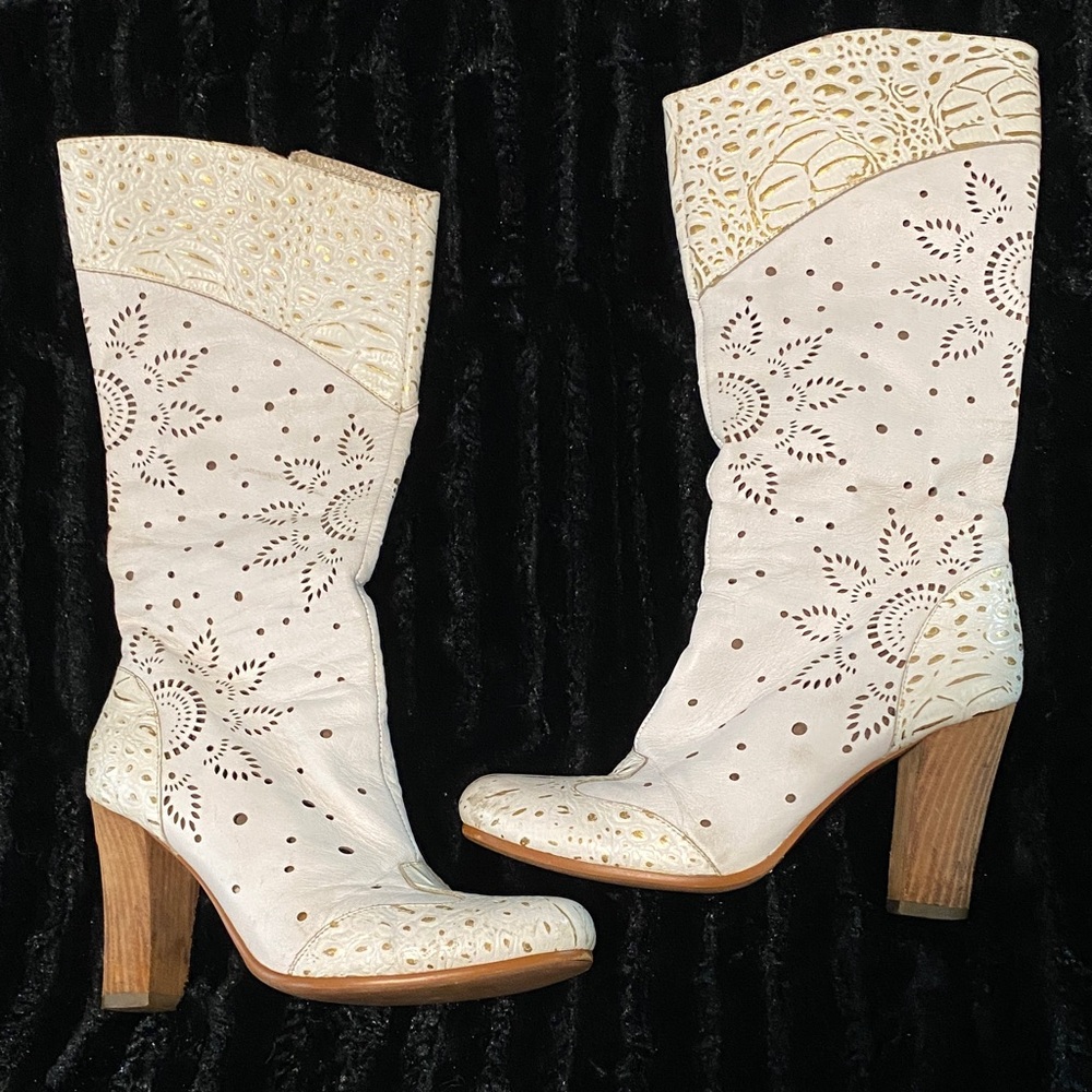 Elegant Cream Laser-Cut Women's Boots